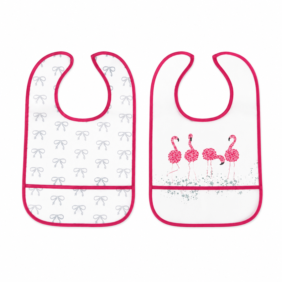 PACK OF 2 WATERPROOF BABY BIBS FLAMINGO & BOW PRINT WITH CRUMB CATCHER POCKET