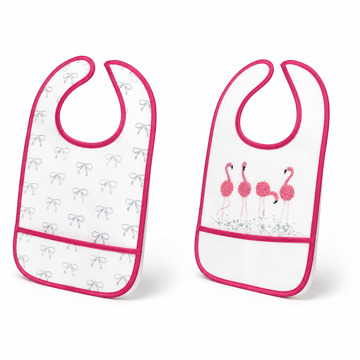 PACK OF 2 WATERPROOF BABY BIBS FLAMINGO & BOW PRINT WITH CRUMB CATCHER POCKET