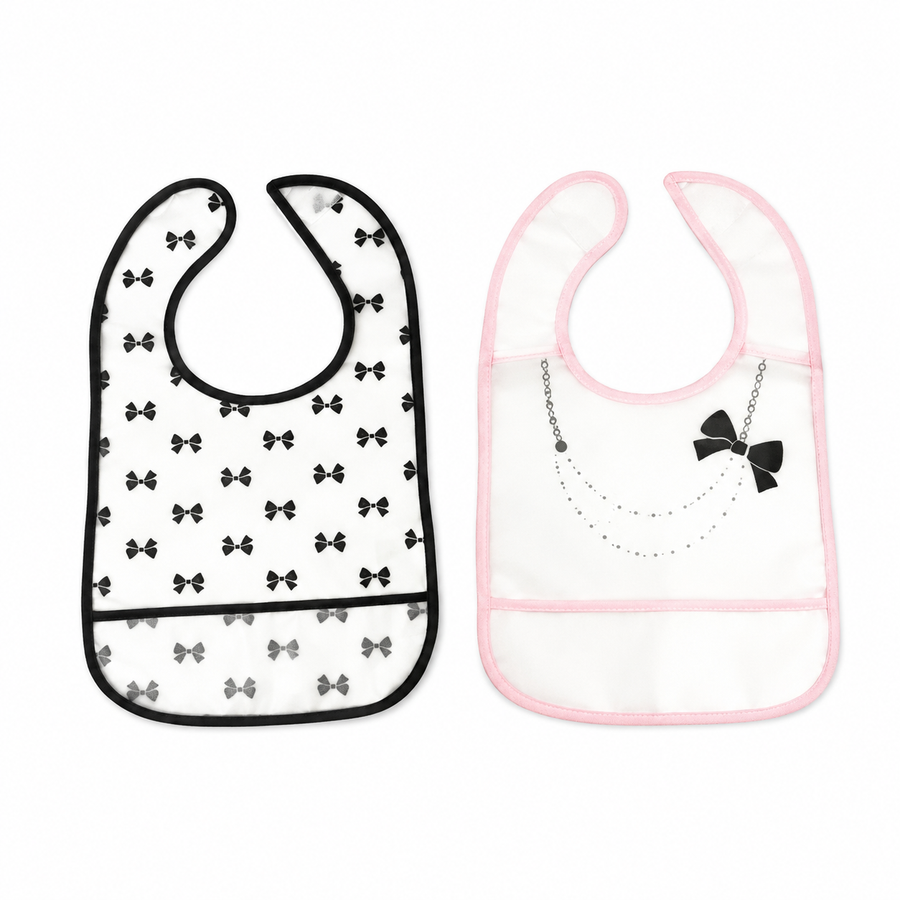 PACK OF 2 WATERPROOF BABY BIBS PEARL NECKLACE & BOW PRINT WITH CRUMB CATCHER POCKET