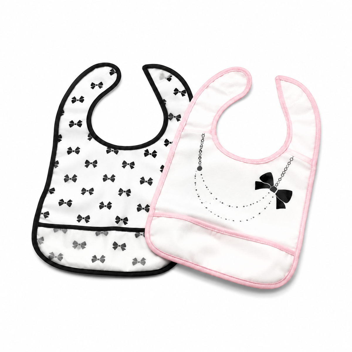 PACK OF 2 WATERPROOF BABY BIBS PEARL NECKLACE & BOW PRINT WITH CRUMB CATCHER POCKET