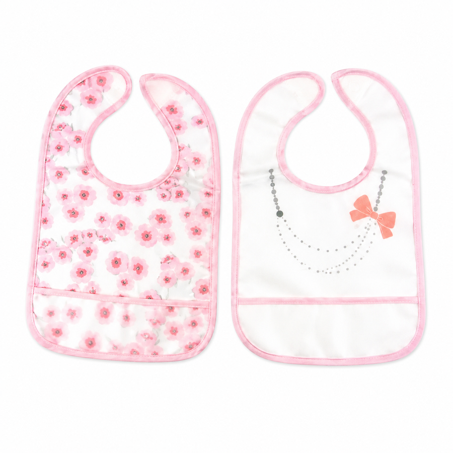 PACK OF 2 WATERPROOF BABY BIBS PEARL NECKLACE & FLORAL PRINT WITH CRUMB CATCHER POCKET