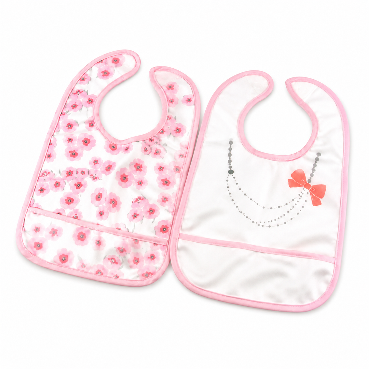 PACK OF 2 WATERPROOF BABY BIBS PEARL NECKLACE & FLORAL PRINT WITH CRUMB CATCHER POCKET