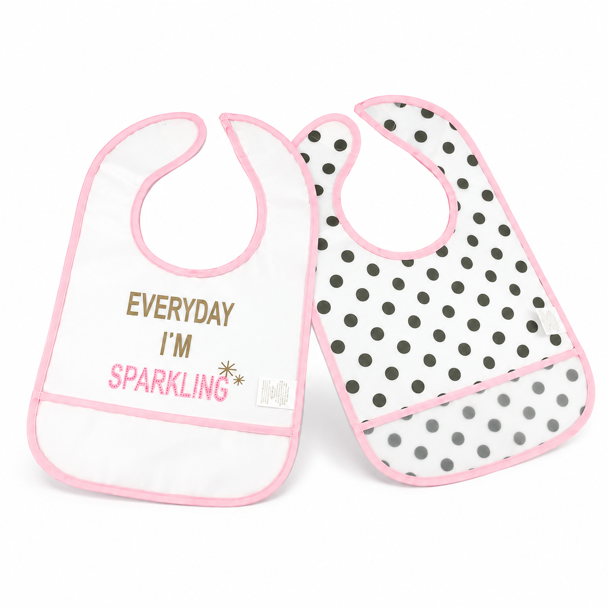 PACK OF 2 WATERPROOF BABY BIBS SPARKLING & POLKA DOT PRINT WITH CRUMB CATCHER POCKET