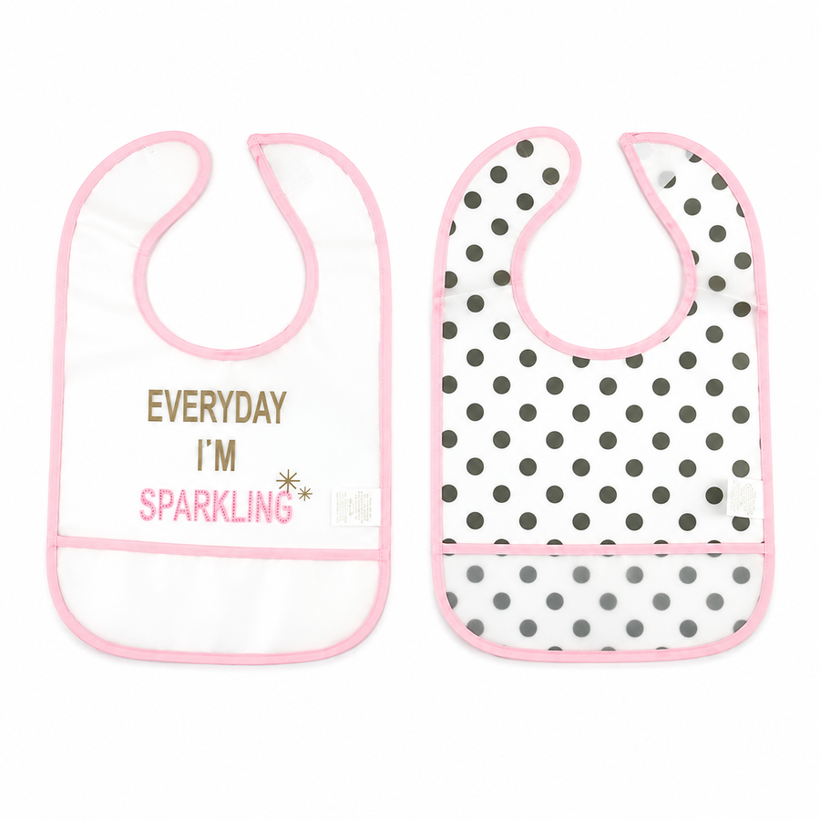 PACK OF 2 WATERPROOF BABY BIBS SPARKLING & POLKA DOT PRINT WITH CRUMB CATCHER POCKET
