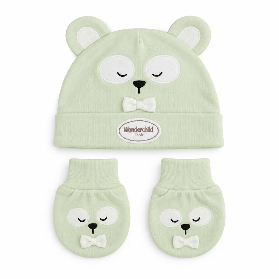 WONDERCHILD 2PCS SET CAP+BOOTIE BOW BEAR GREEN CARD