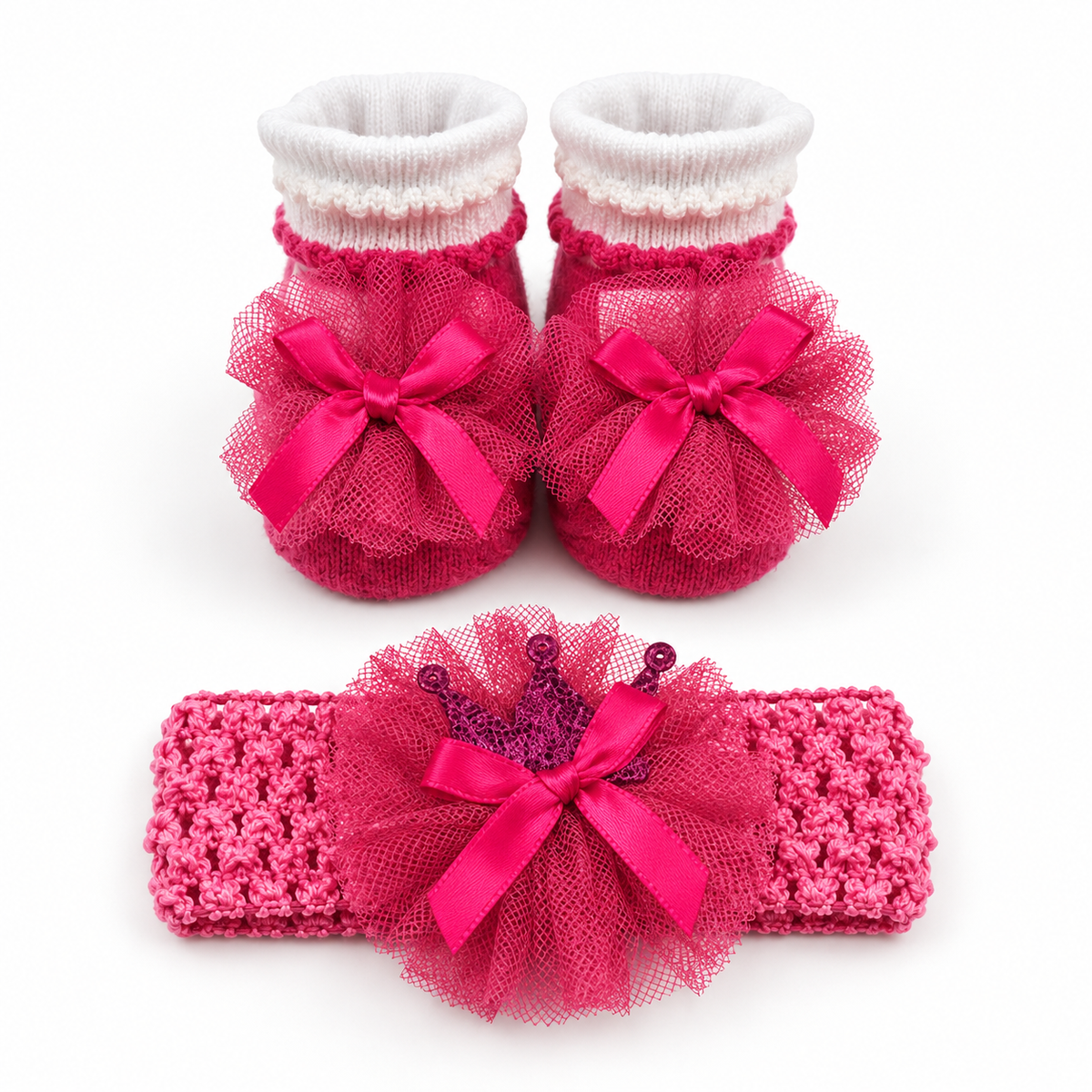 CUTE BABY GIFT SET HEADBAND AND BOOTIES PINK CROWN DESIGN