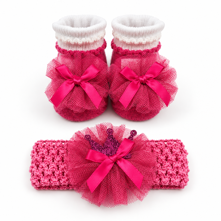 CUTE BABY GIFT SET HEADBAND AND BOOTIES PINK CROWN DESIGN