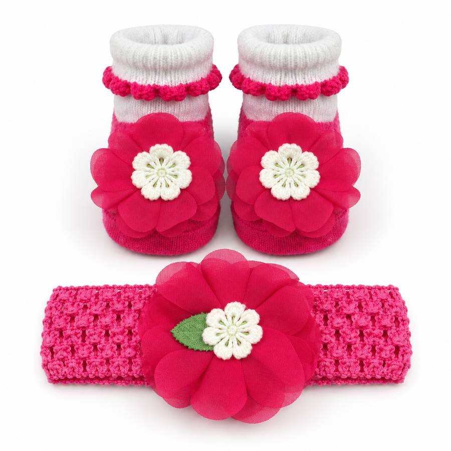 CUTE BABY GIFT SET HEADBAND AND BOOTIES PINK FLOWER BUNCH