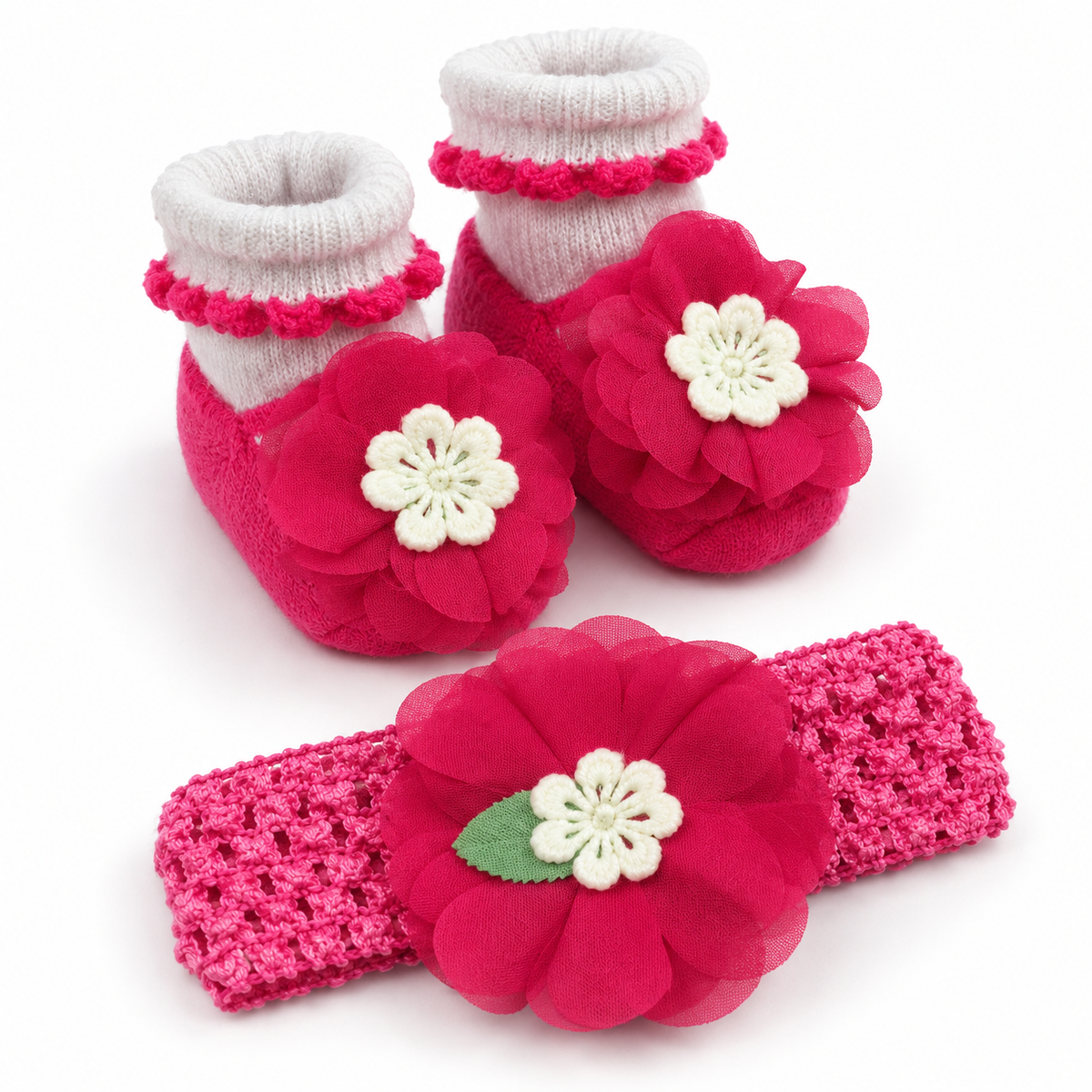 CUTE BABY GIFT SET HEADBAND AND BOOTIES PINK FLOWER BUNCH