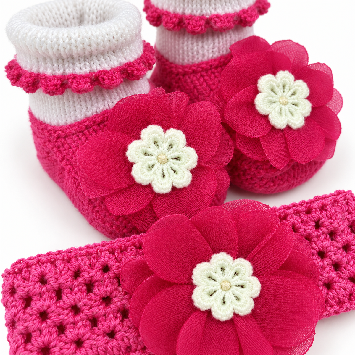 CUTE BABY GIFT SET HEADBAND AND BOOTIES PINK FLOWER BUNCH