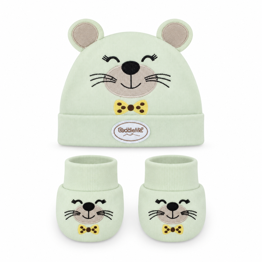 WONDERCHILD 2PCS SET CAP+BOOTIE CAT BOW GREEN CARD