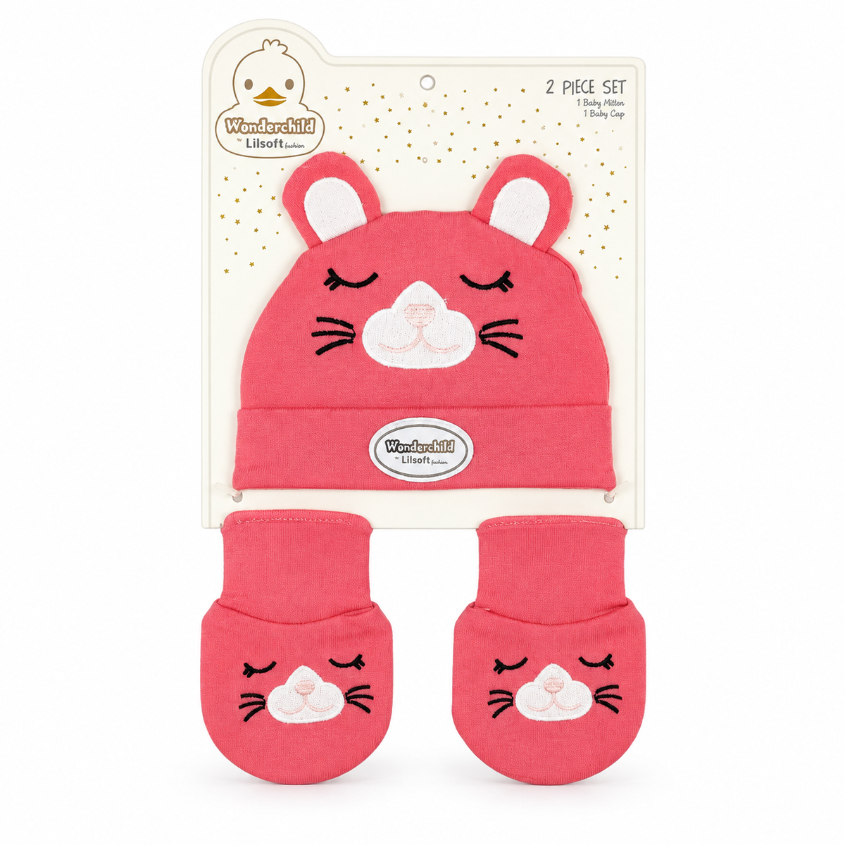 WONDERCHILD 2PCS SET CAP+BOOTIE SLEEPING CAT ROSE PINK CARD