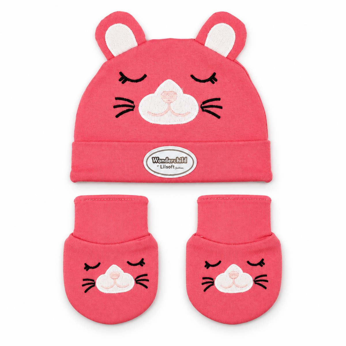 WONDERCHILD 2PCS SET CAP+BOOTIE SLEEPING CAT ROSE PINK CARD