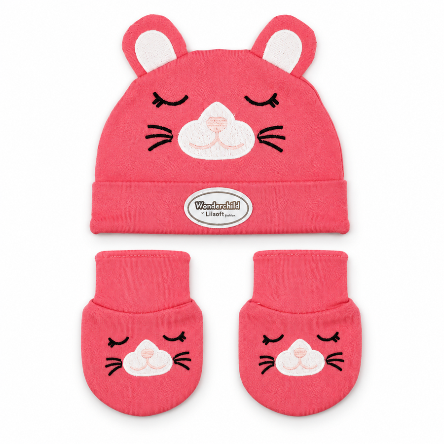 WONDERCHILD 2PCS SET CAP+BOOTIE SLEEPING CAT ROSE PINK CARD