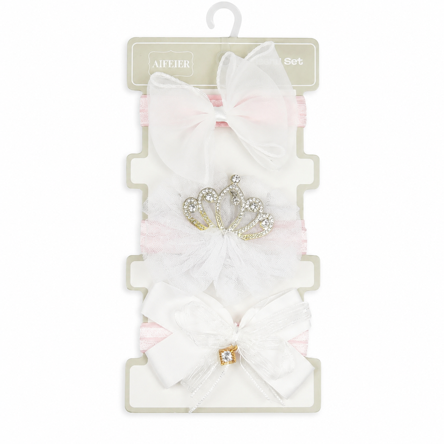 BABY GIRL CROWN AND BOO HEADBAND SET 3PCS WHITE