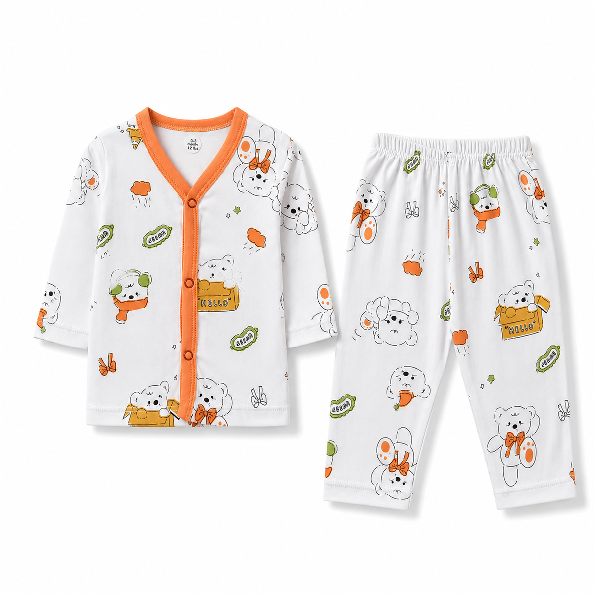 BABY UNISEX BEAR PRINT NIGHT SUIT – WHITE & ORANGE