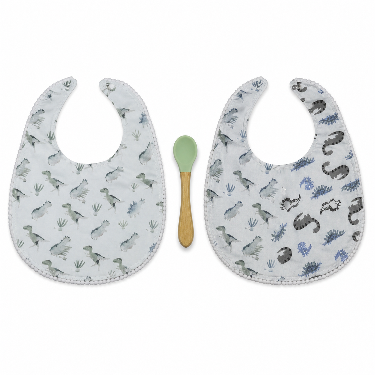 ALPACA PREMIUM 2 COTTON BIBS WITH SOFT SILICON SPOON DINOSAUR PRINT