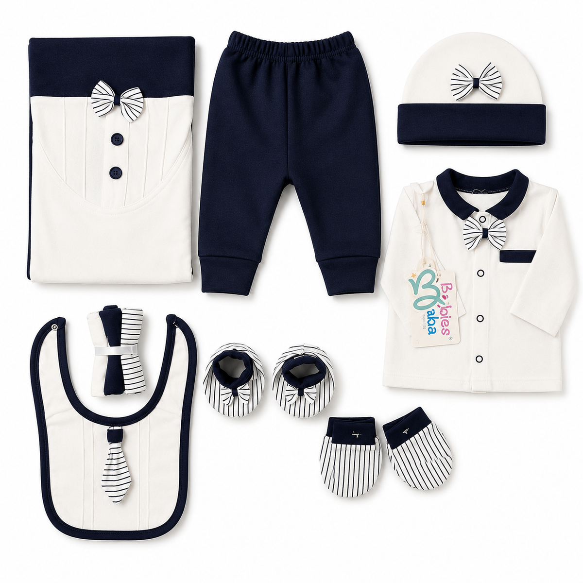 Starter Set 11 Pieces Baby New Born Essentials Bow Tai Print Navy Blue Colour