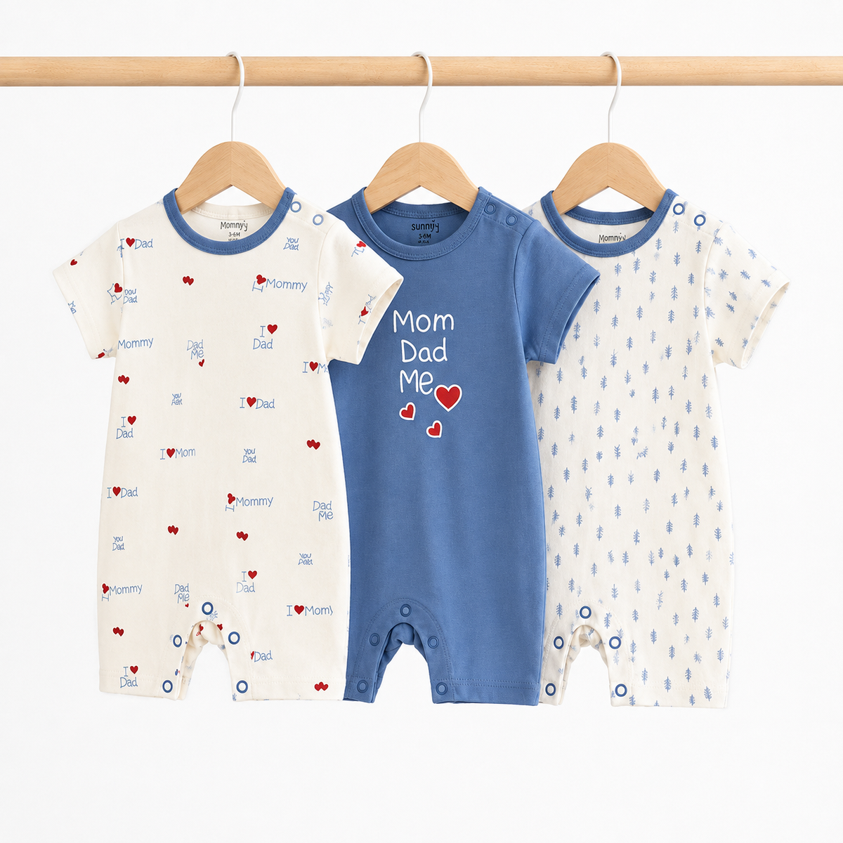 Baby Cotton Rompers 3-Pack – Blue & White Mom & Dad Print