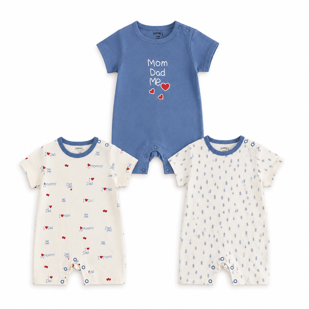 Baby Cotton Rompers 3-Pack – Blue & White Mom & Dad Print
