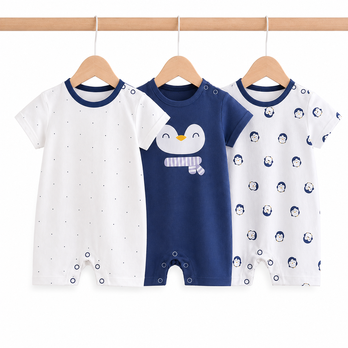 Baby Cotton Rompers 3-Pack – Navy Blue Penguin Print