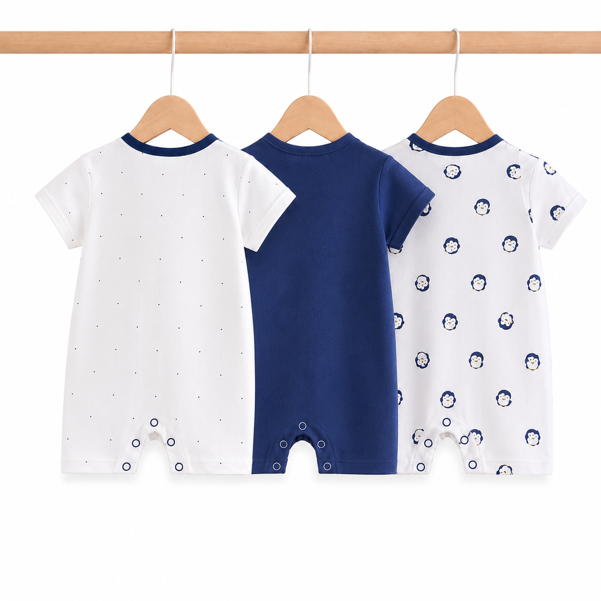 Baby Cotton Rompers 3-Pack – Navy Blue Penguin Print