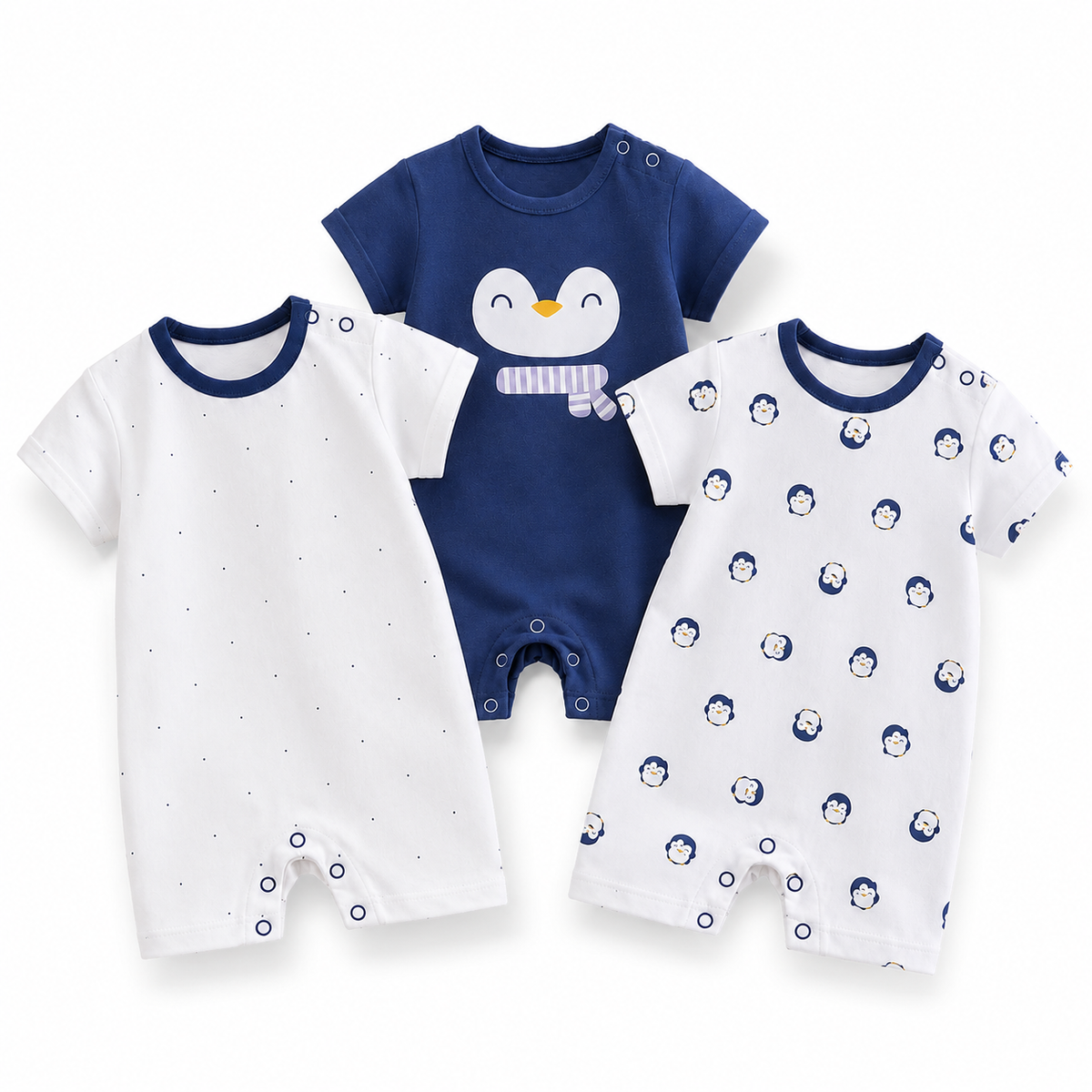 Baby Cotton Rompers 3-Pack – Navy Blue Penguin Print