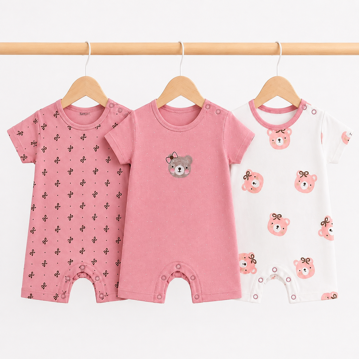 Short-Sleeve Cotton Baby Rompers 3-Pack – Pink Teddy