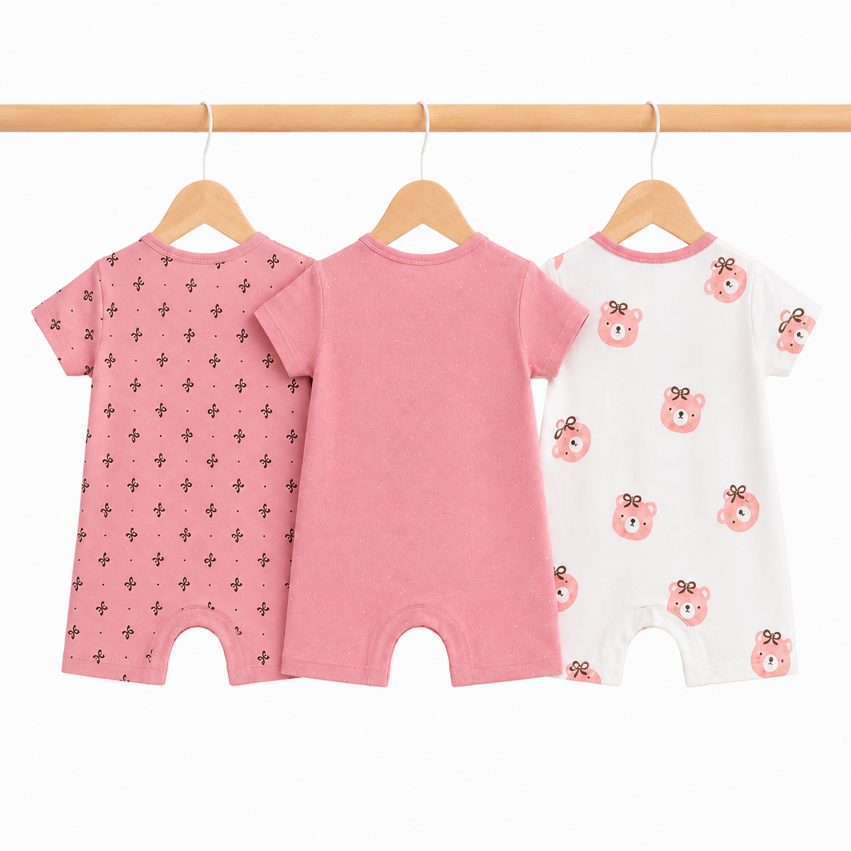 Short-Sleeve Cotton Baby Rompers 3-Pack – Pink Teddy