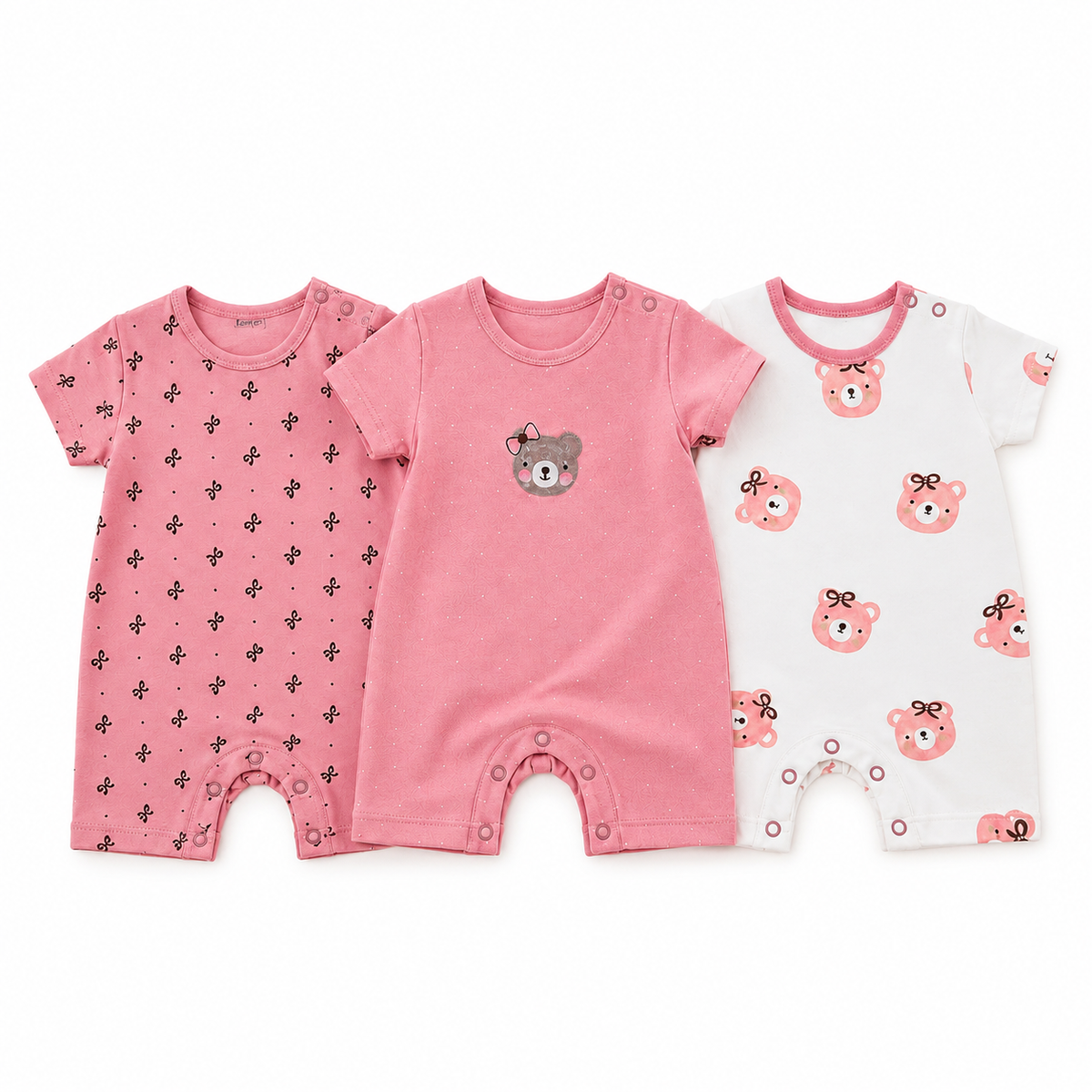 Short-Sleeve Cotton Baby Rompers 3-Pack – Pink Teddy