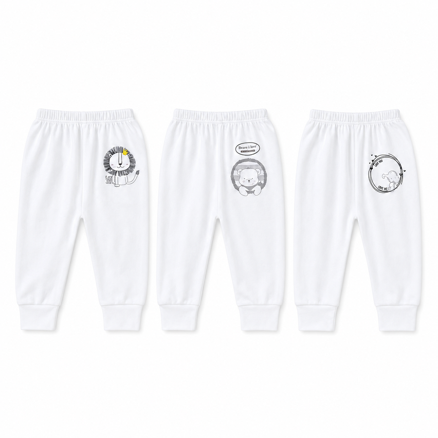 Baby Unisex White Cotton Pajama Pack of 3 Cute Animal Print