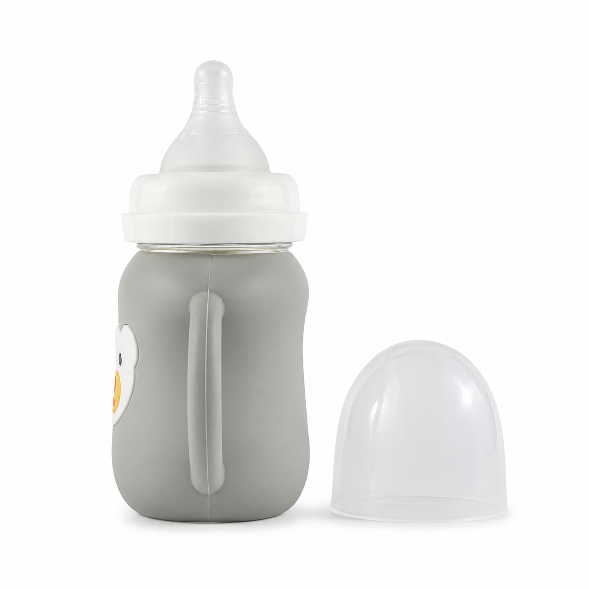 Glass Baby Feeding Bottle with Handles, Grey Bear