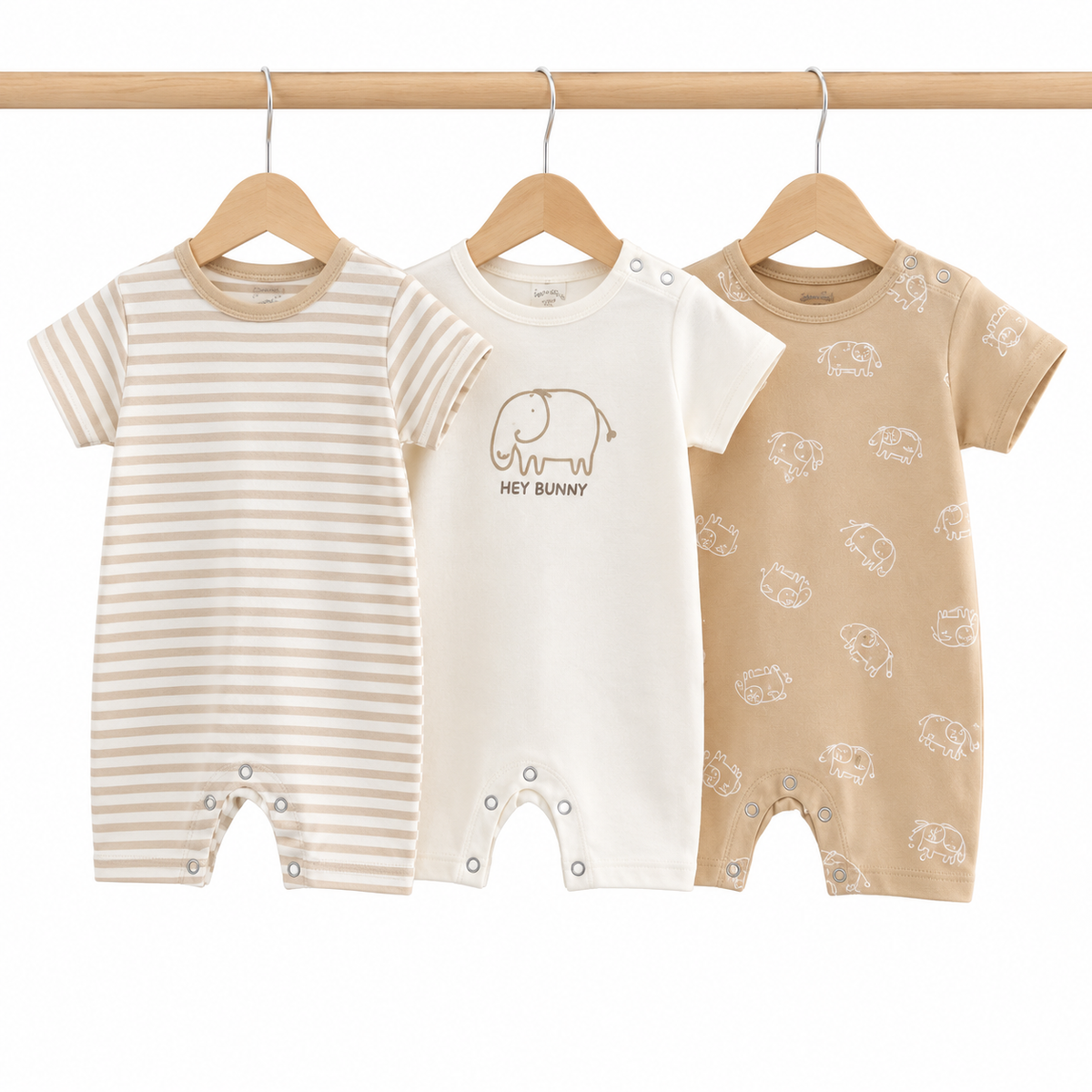 Short-Sleeve Baby Rompers 3-Pack – Beige Elephant