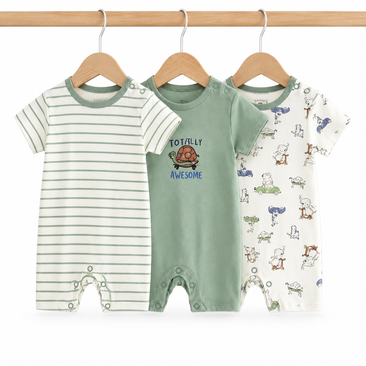 Short-Sleeve Cotton Baby Rompers 3-Pack – Green Turtle