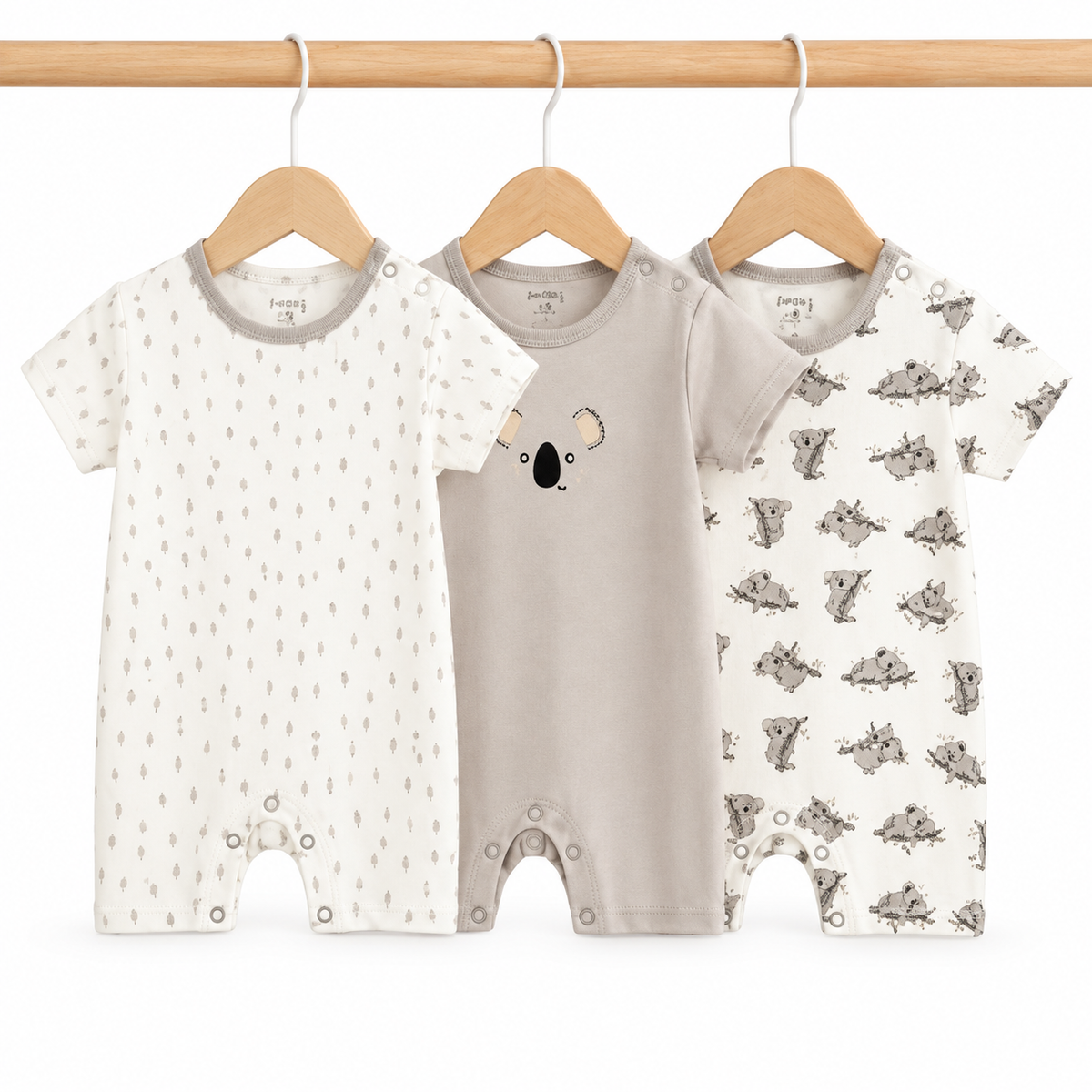 Short-Sleeve Cotton Baby Rompers 3-Pack – Grey Koala
