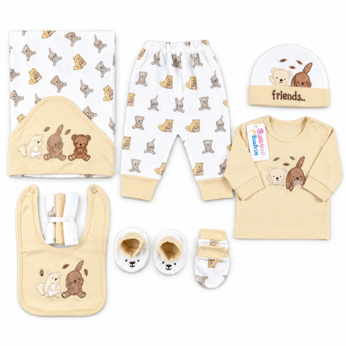 STARTER SET 11 PIECES BABY NEW BORN ESSENTIALS RABBIT BEAR PRINT BROWN COLOUR