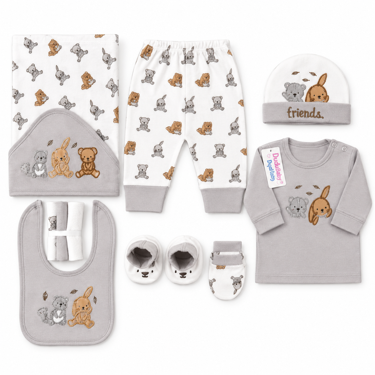 STARTER SET 11 PIECES BABY NEW BORN ESSENTIALS RABBIT BEAR PRINT GREY COLOUR