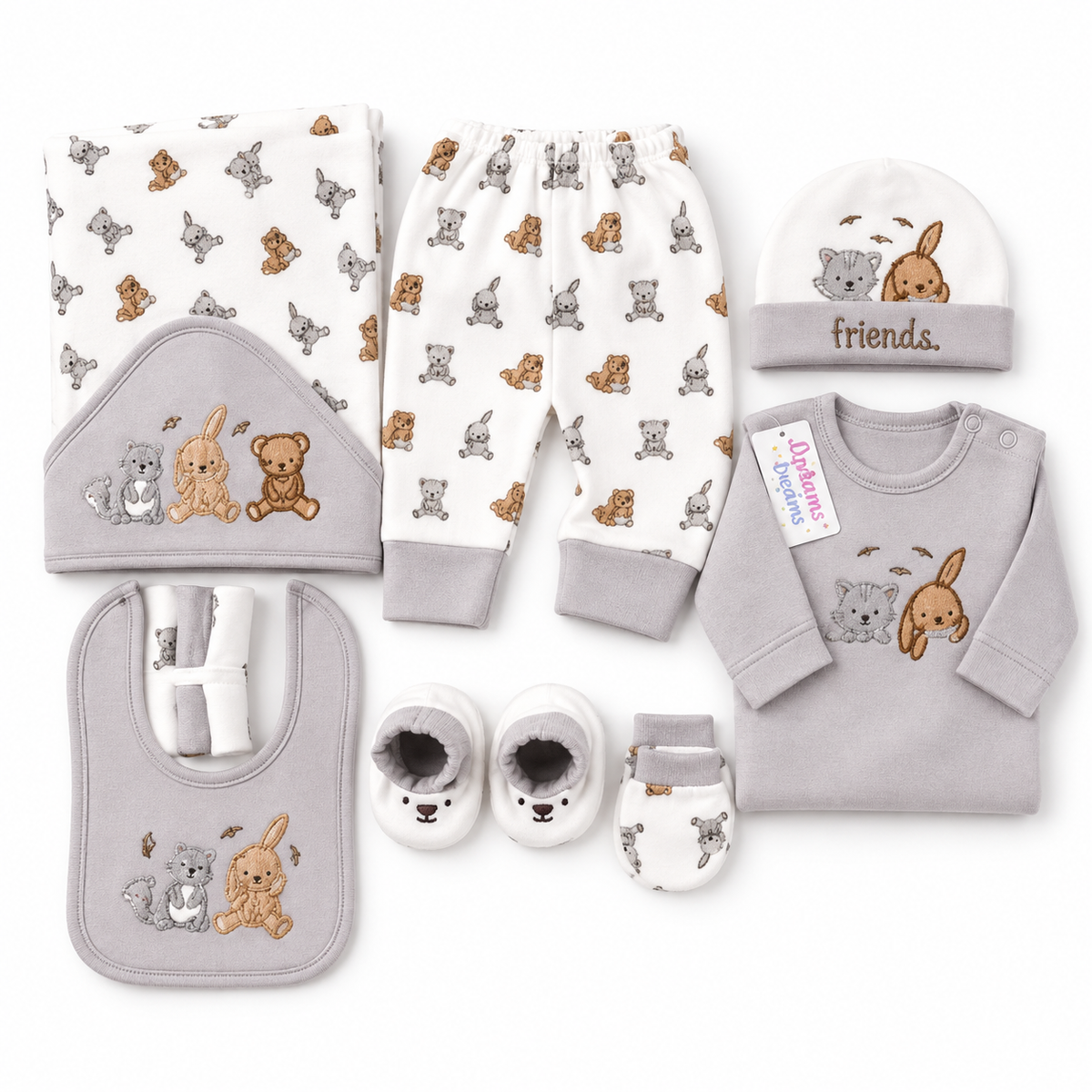 STARTER SET 11 PIECES BABY NEW BORN ESSENTIALS RABBIT BEAR PRINT GREY COLOUR