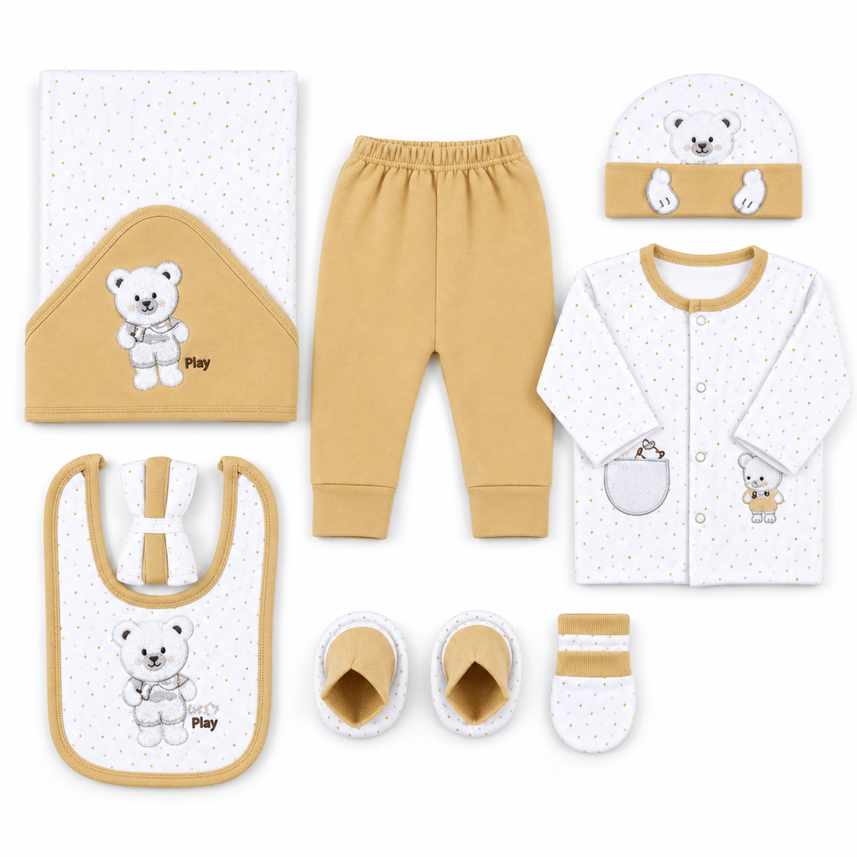 STARTER SET 11 PIECES BABY NEW BORN ESSENTIALS TEDDY BEAR THEM BEIGE COLOUR