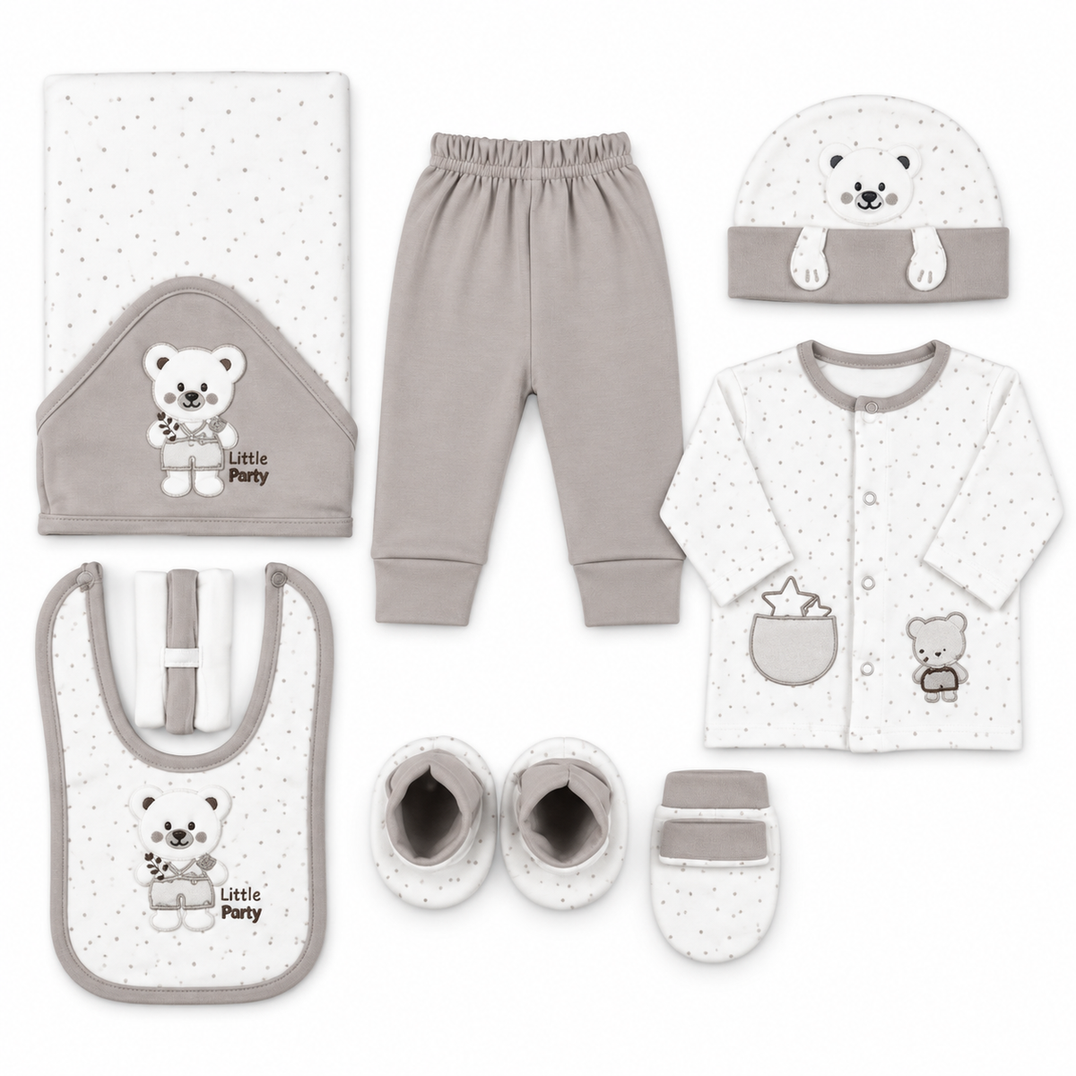 STARTER SET 11 PIECES BABY NEW BORN ESSENTIALS TEDDY BEAR THEM GREY COLOUR