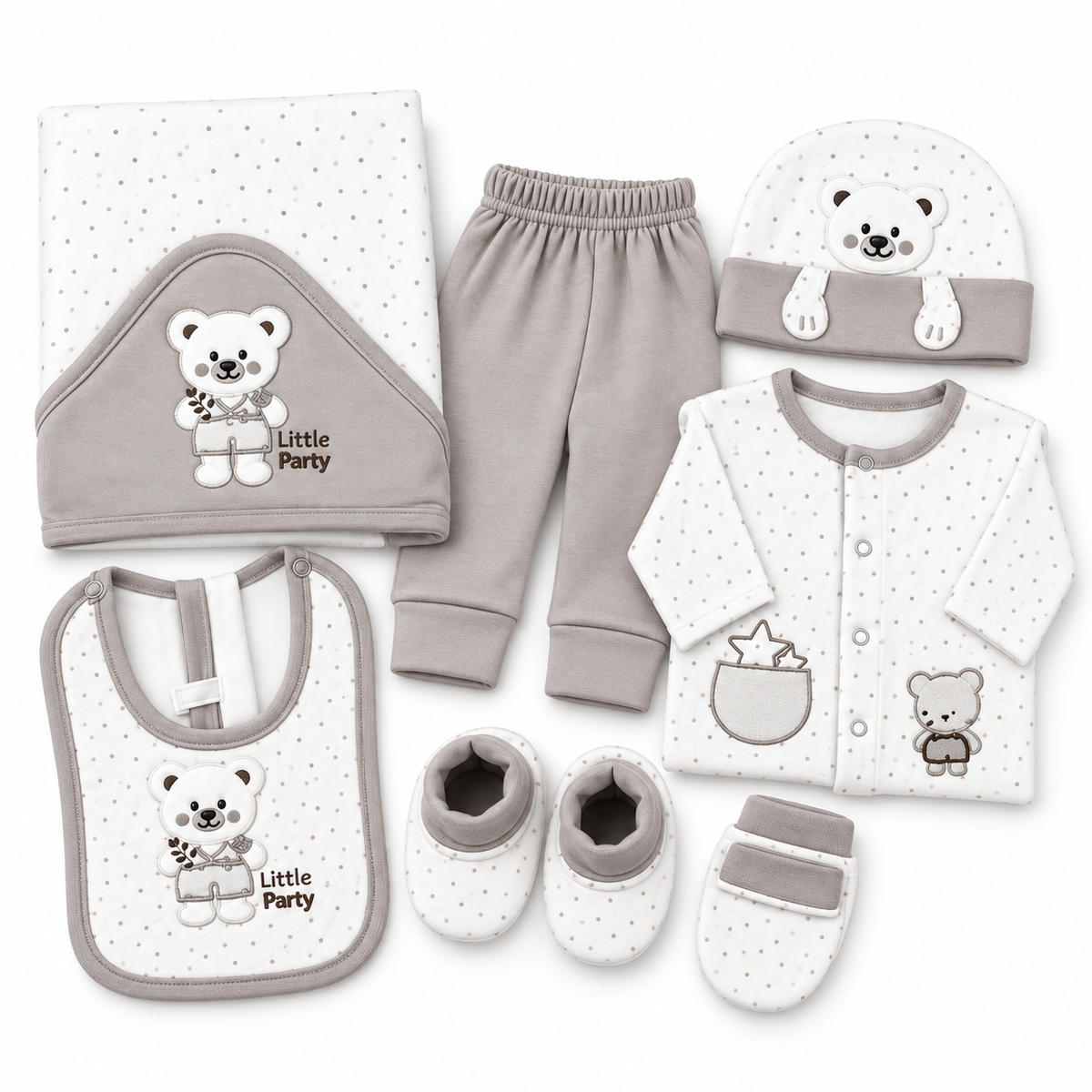 STARTER SET 11 PIECES BABY NEW BORN ESSENTIALS TEDDY BEAR THEM GREY COLOUR