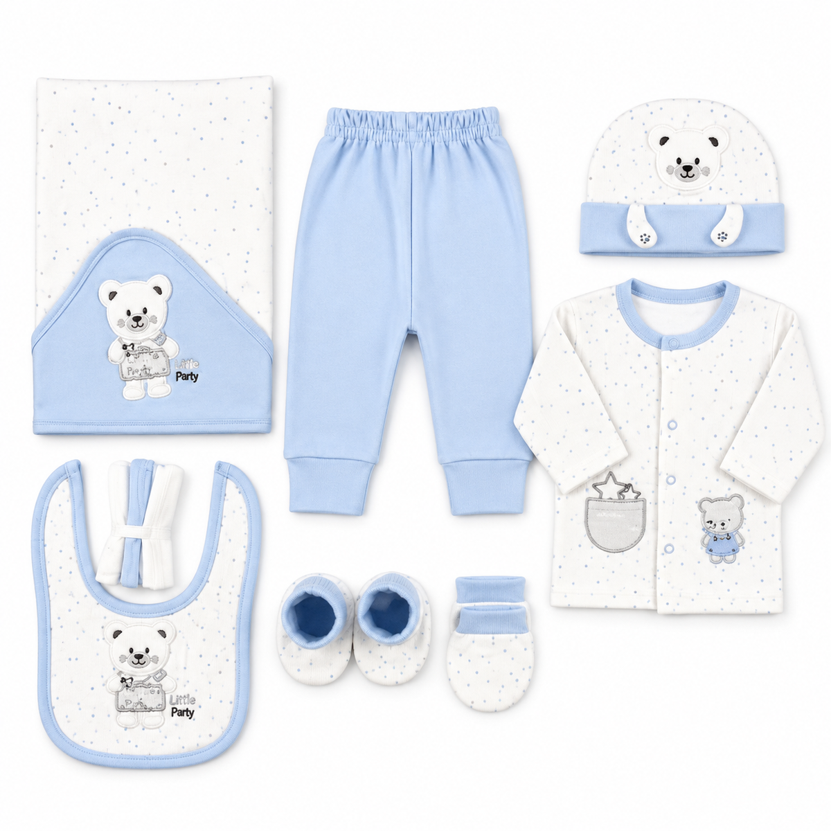 Starter Set 11 Pieces Baby Newborn Essentials Teddy Bear Theme Sky Blue Color