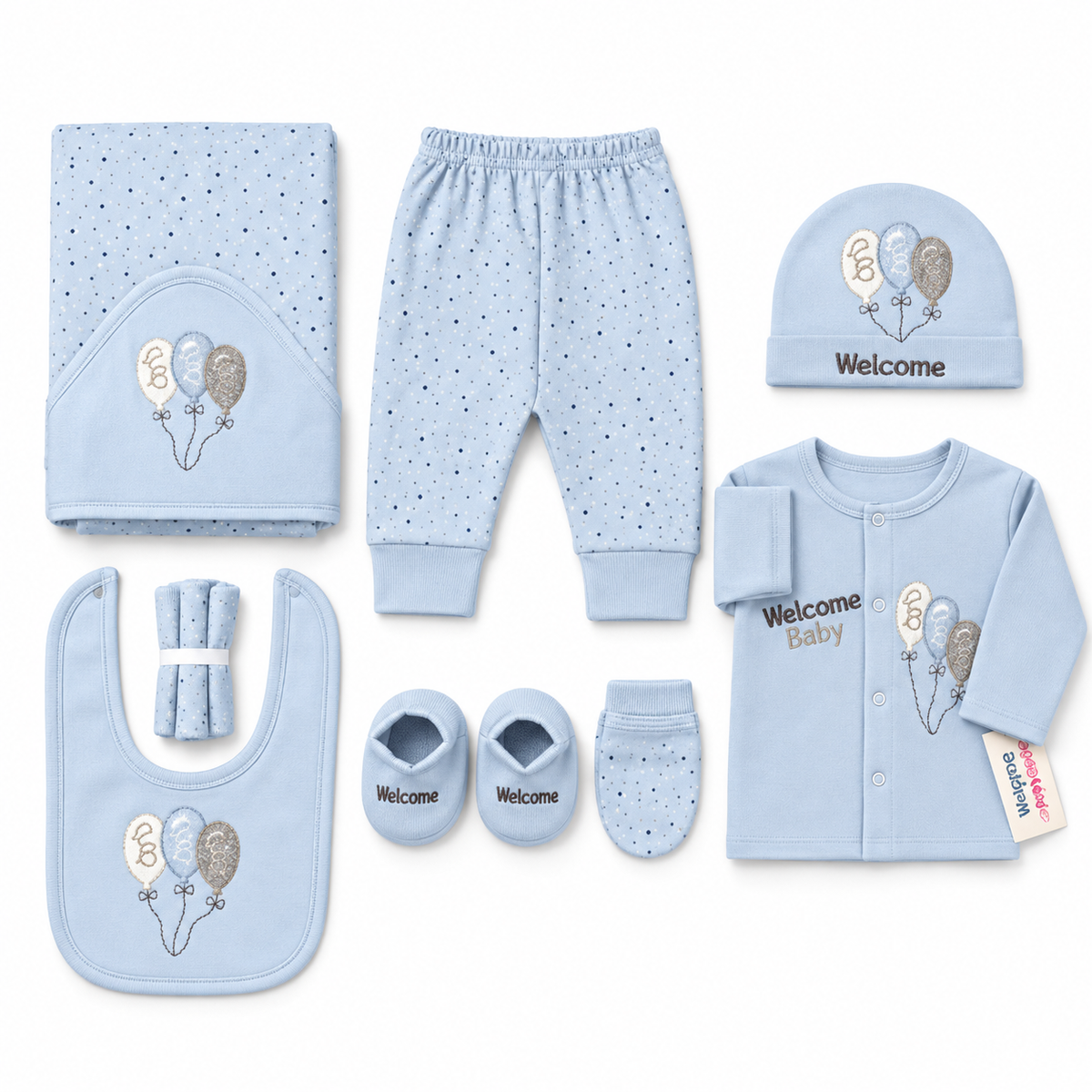 STARTER SET 11 PIECES BABY NEW BORN ESSENTIALS WELCOM BABY PRINT BLUE COLOUR
