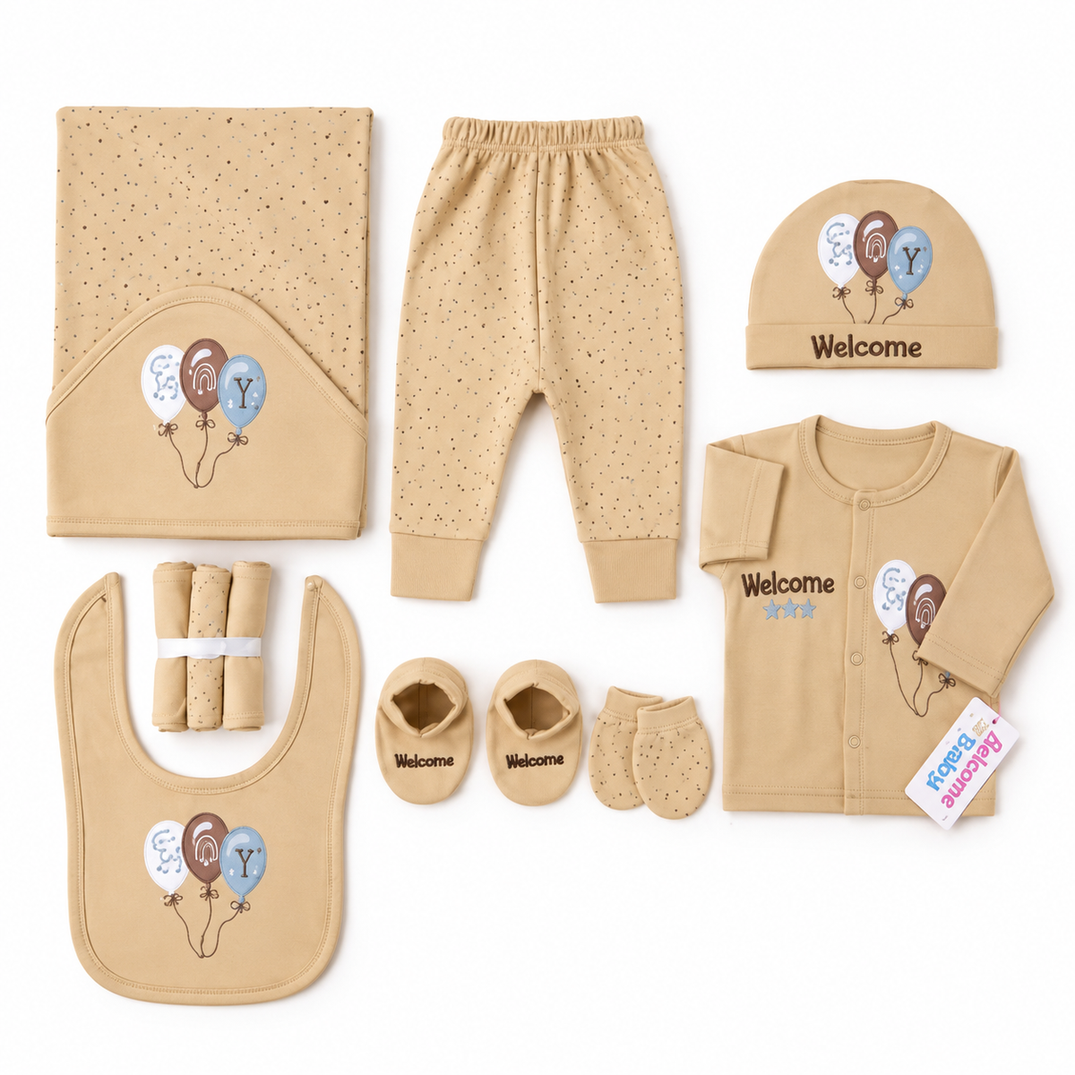 STARTER SET 11 PIECES BABY NEW BORN ESSENTIALS WELCOM BABY PRINT BROWN COLOUR