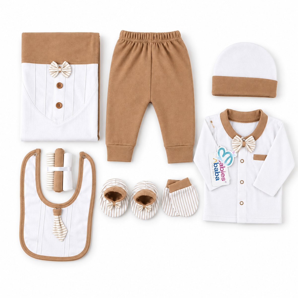 STARTER SET 11 PIECES BABY NEW BORN ESSENTIALS BOW TAI PRINT BROWN COLOUR