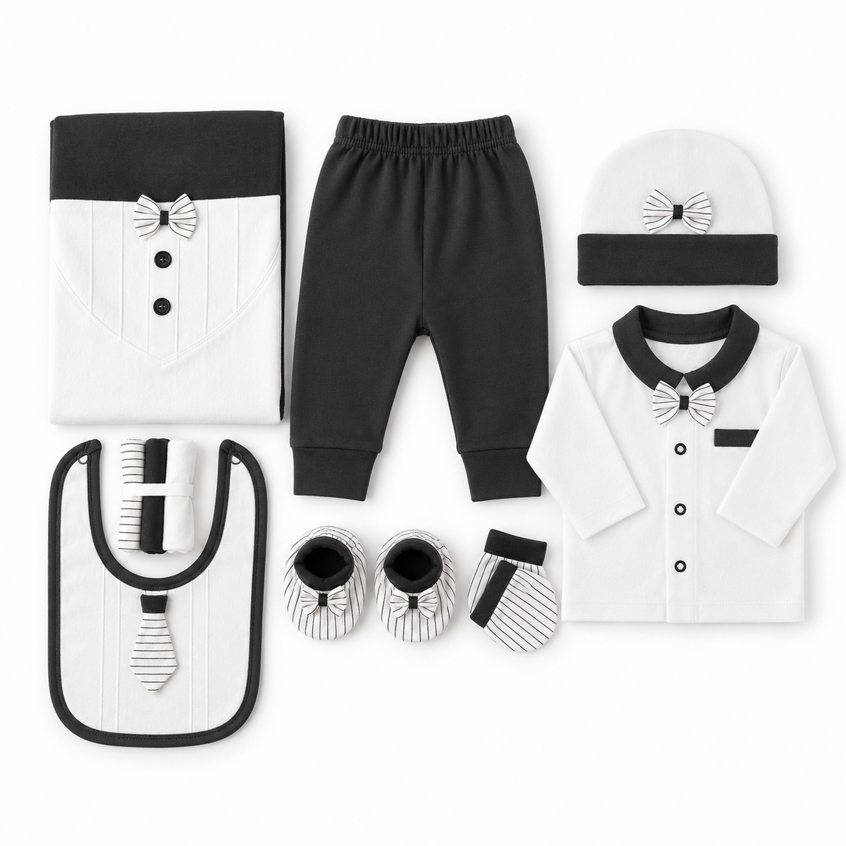 STARTER SET 11 PIECES BABY NEW BORN ESSENTIALS BOW TAI PRINT DARK GREY COLOUR