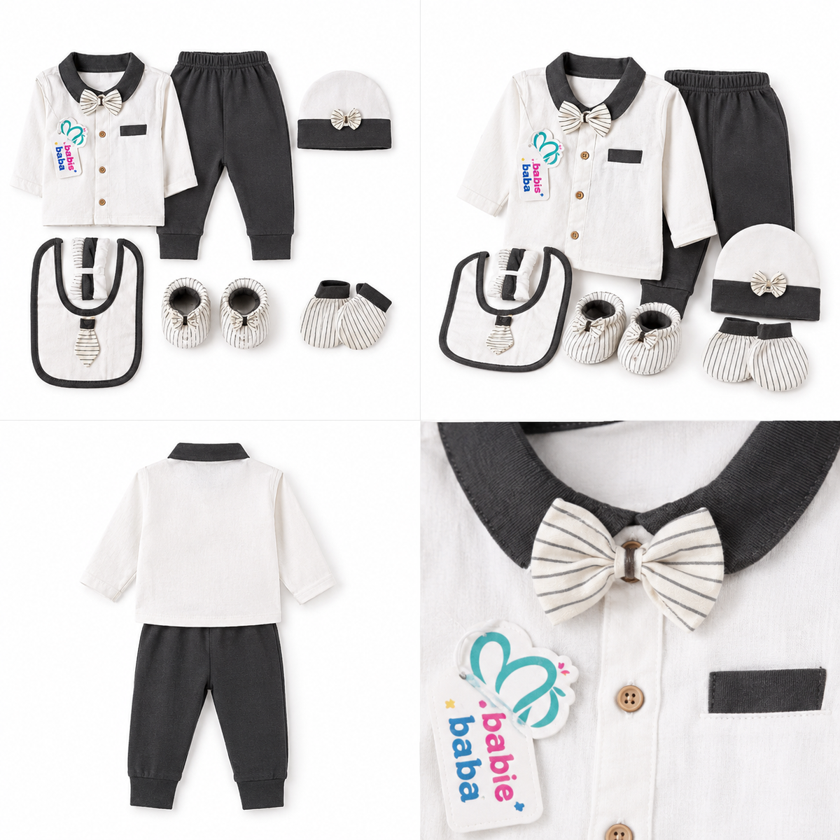 STARTER SET 11 PIECES BABY NEW BORN ESSENTIALS BOW TAI PRINT DARK GREY COLOUR