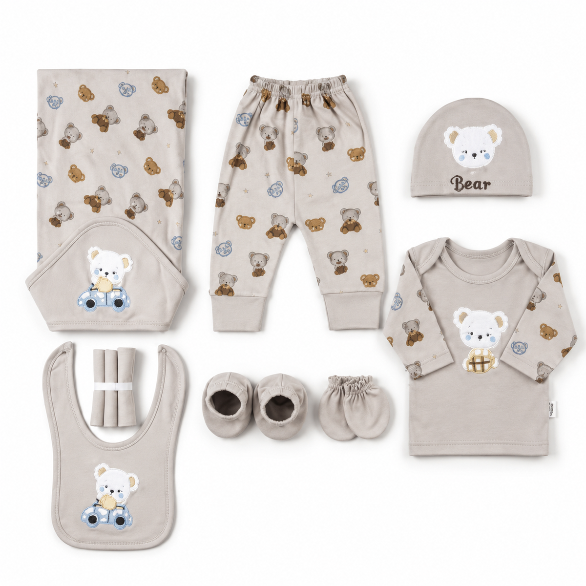 STARTER SET 11 PIECES BABY NEW BORN ESSENTIALS CAR BEAR THEM LIGHT GREY COLOUR
