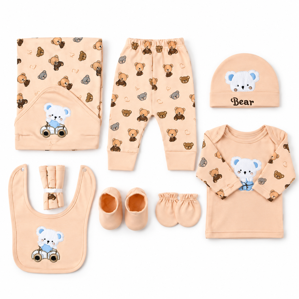 STARTER SET 11 PIECES BABY NEW BORN ESSENTIALS CAR BEAR THEM LIGHT PEACH COLOUR