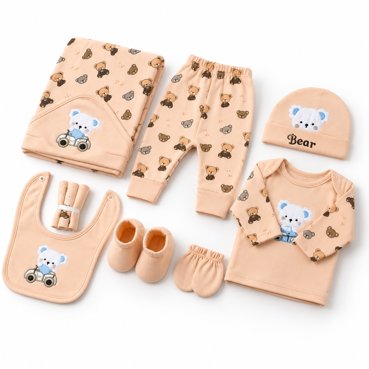 STARTER SET 11 PIECES BABY NEW BORN ESSENTIALS CAR BEAR THEM LIGHT PEACH COLOUR